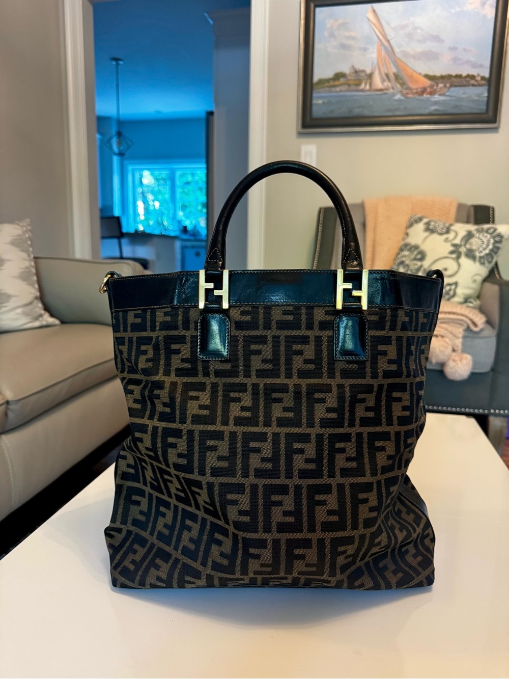 Vintage Fendi Monogram Tote Bag with Black Leather Trim